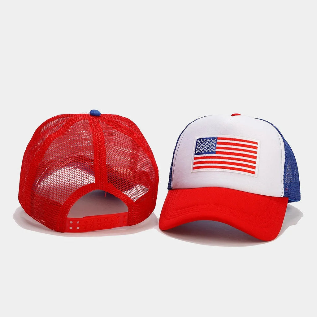 Red and blue contrast mesh baseball cap with adjustable closure and dome crown