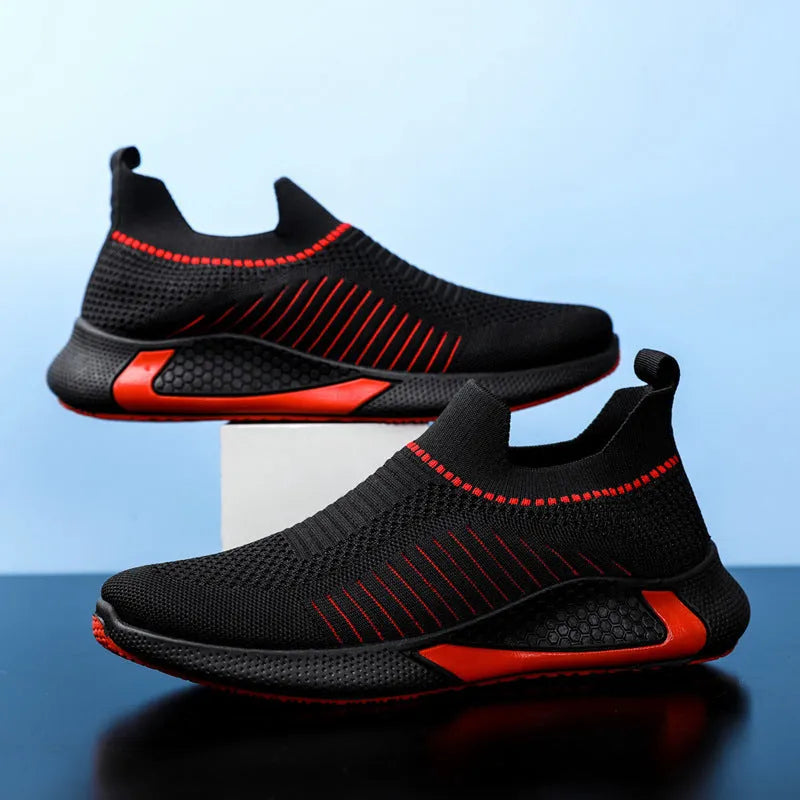 Men's mesh slip-on sneakers with striped design and flyknit upper in three colour options