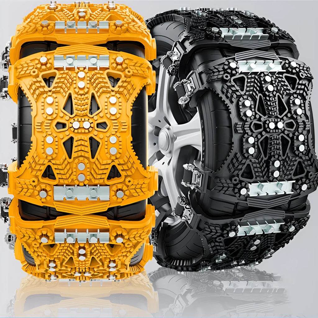 Universal snow chain kit with steel plates, tools, and winter accessories for cars and SUVs