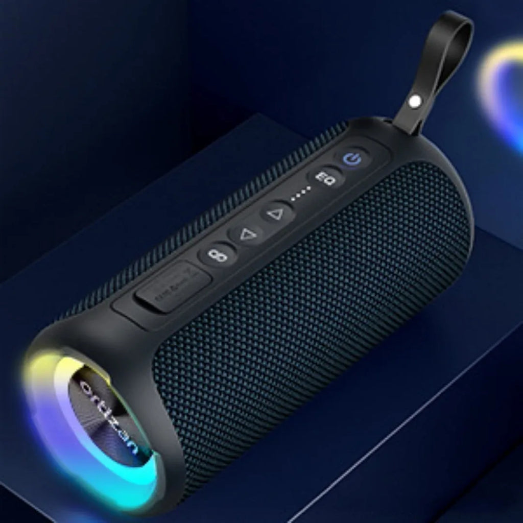 Black and blue fabric wireless Bluetooth speaker with colourful lighting effects showing 40W output rating