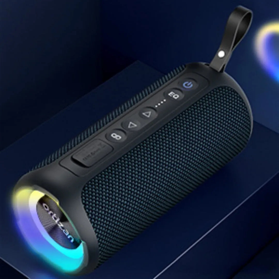 Black and blue fabric wireless Bluetooth speaker with colourful lighting effects showing 40W output rating