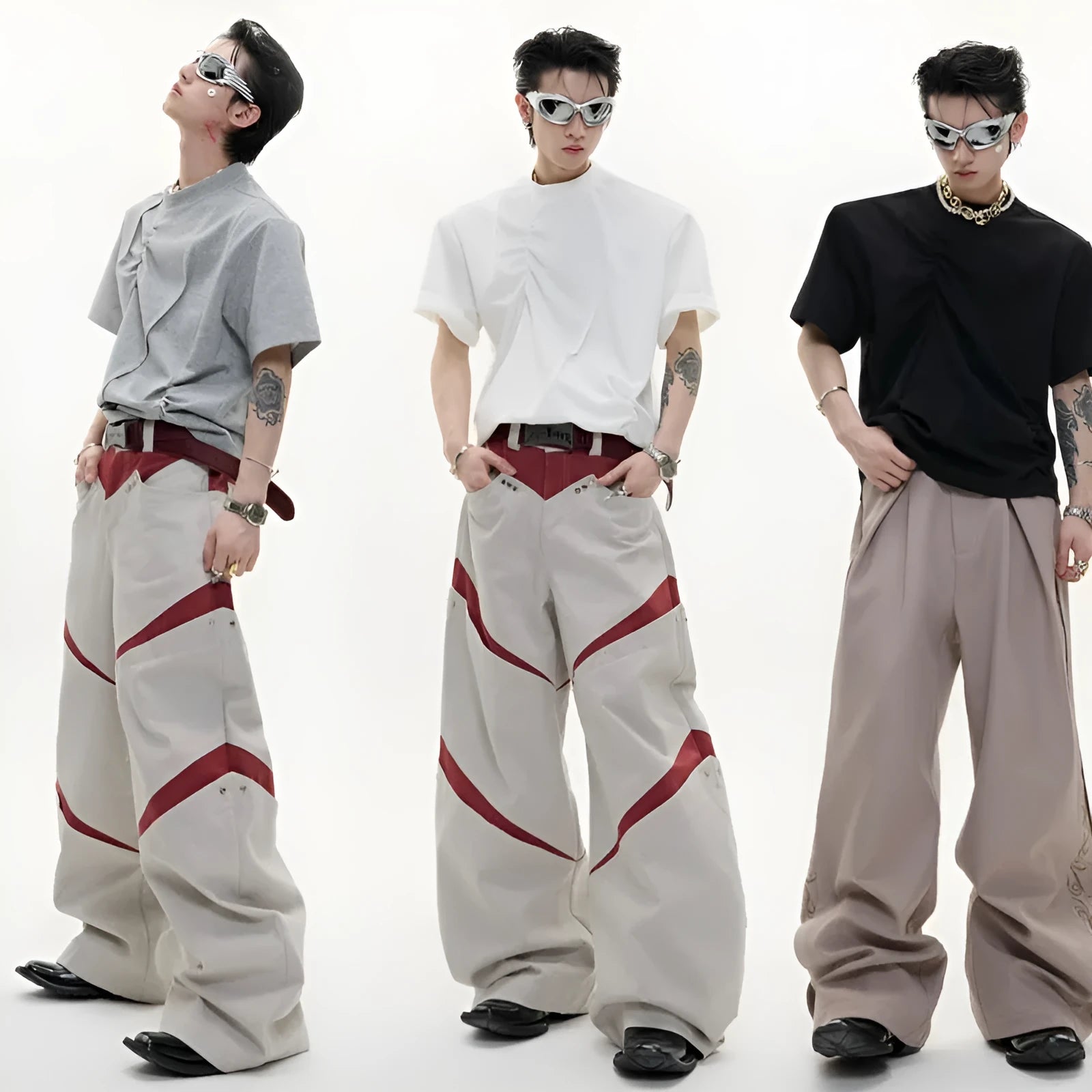 Men's loose fit cotton T-shirt with three-dimensional pleated design in solid colour options