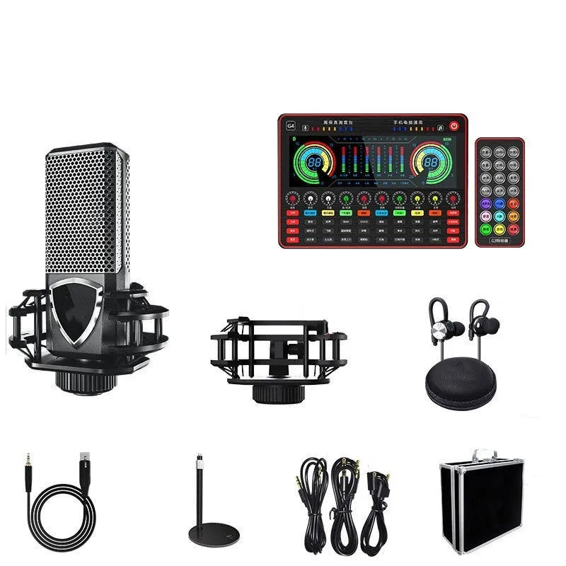 G4 professional sound card mixer with LCD display, 10 tuning knobs, and Q8 condenser microphone for live streaming setup.
