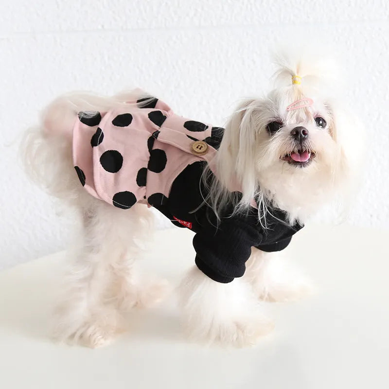Dog wearing lapel shoulder strap couple clothing in cloth material