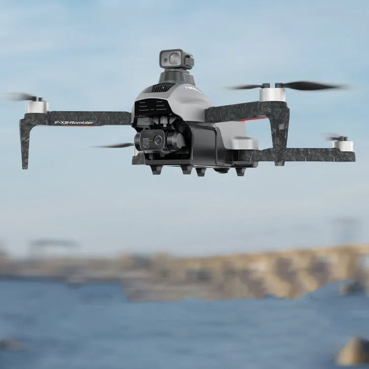 White folding quadcopter drone with 4K camera, obstacle avoidance sensors, and included accessories in shoulder bag
