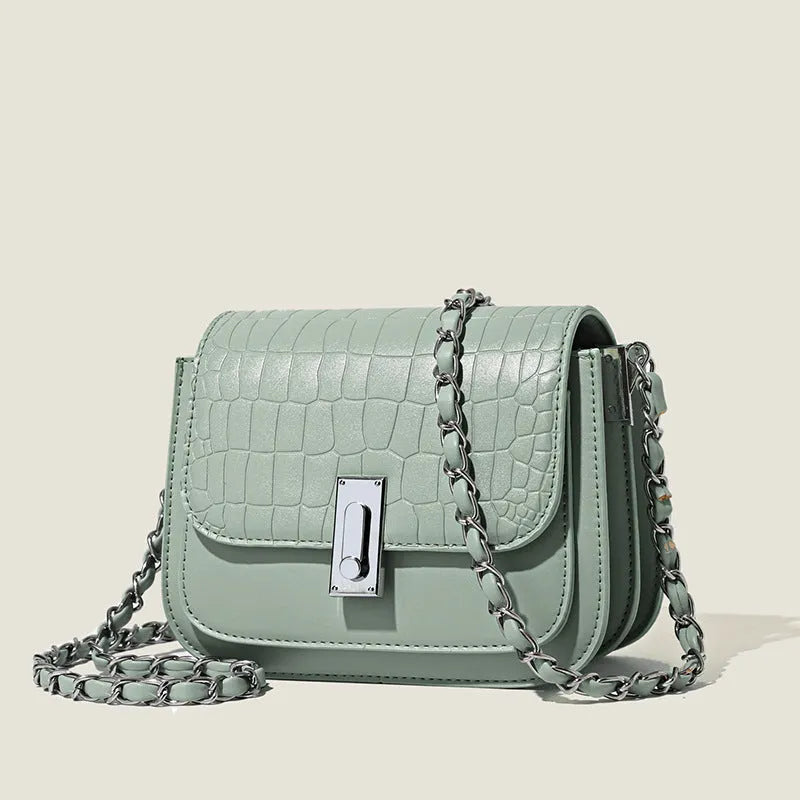 Black soft PU women's chain shoulder bag with sandwich pocket design and decorative sewing thread.