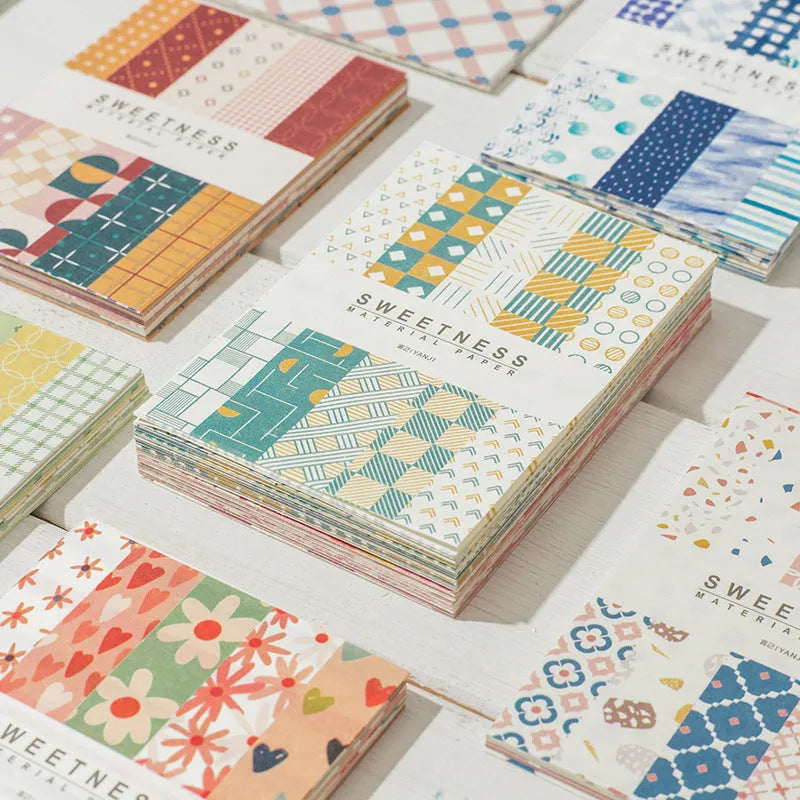 Pack of 50 assorted colourful retro sweet-themed note paper sheets measuring 56mm by 83mm.