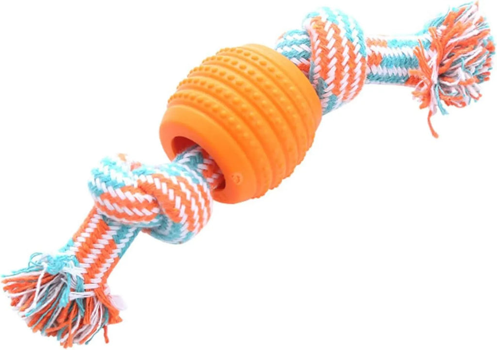 Blue soft dog chew toy with molar-shaped textured head and integrated knotted rope for dental care.