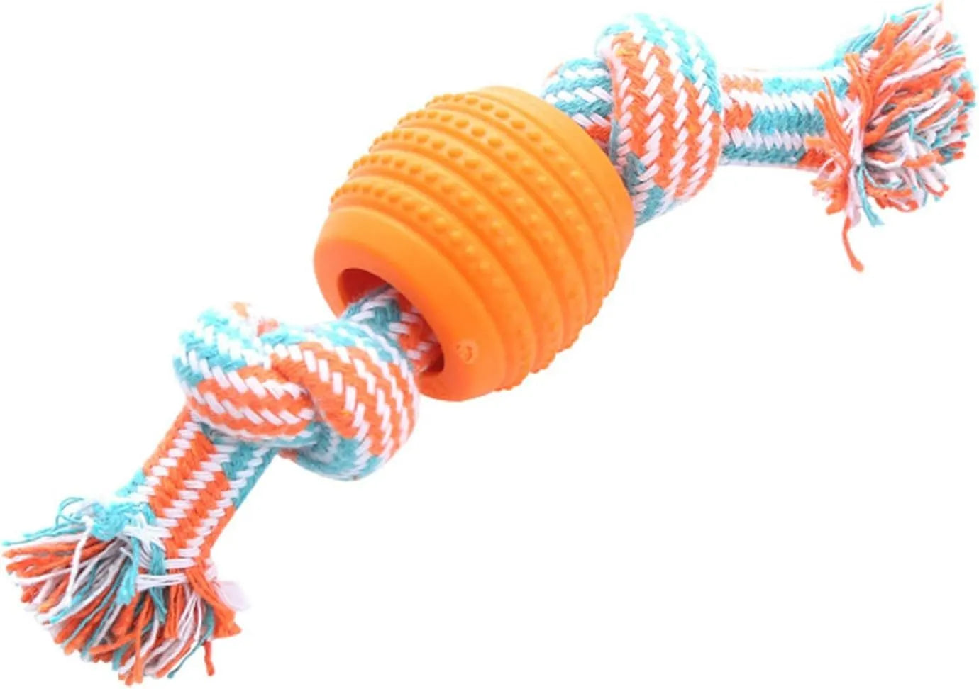 Blue soft dog chew toy with molar-shaped textured head and integrated knotted rope for dental care.