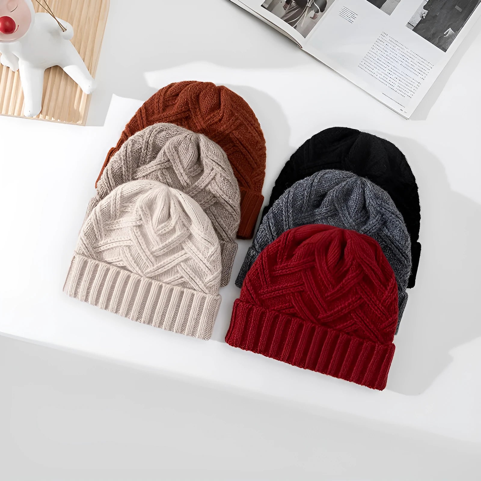 Wool knitted dome crown beanie in six colour options with totem pattern detail