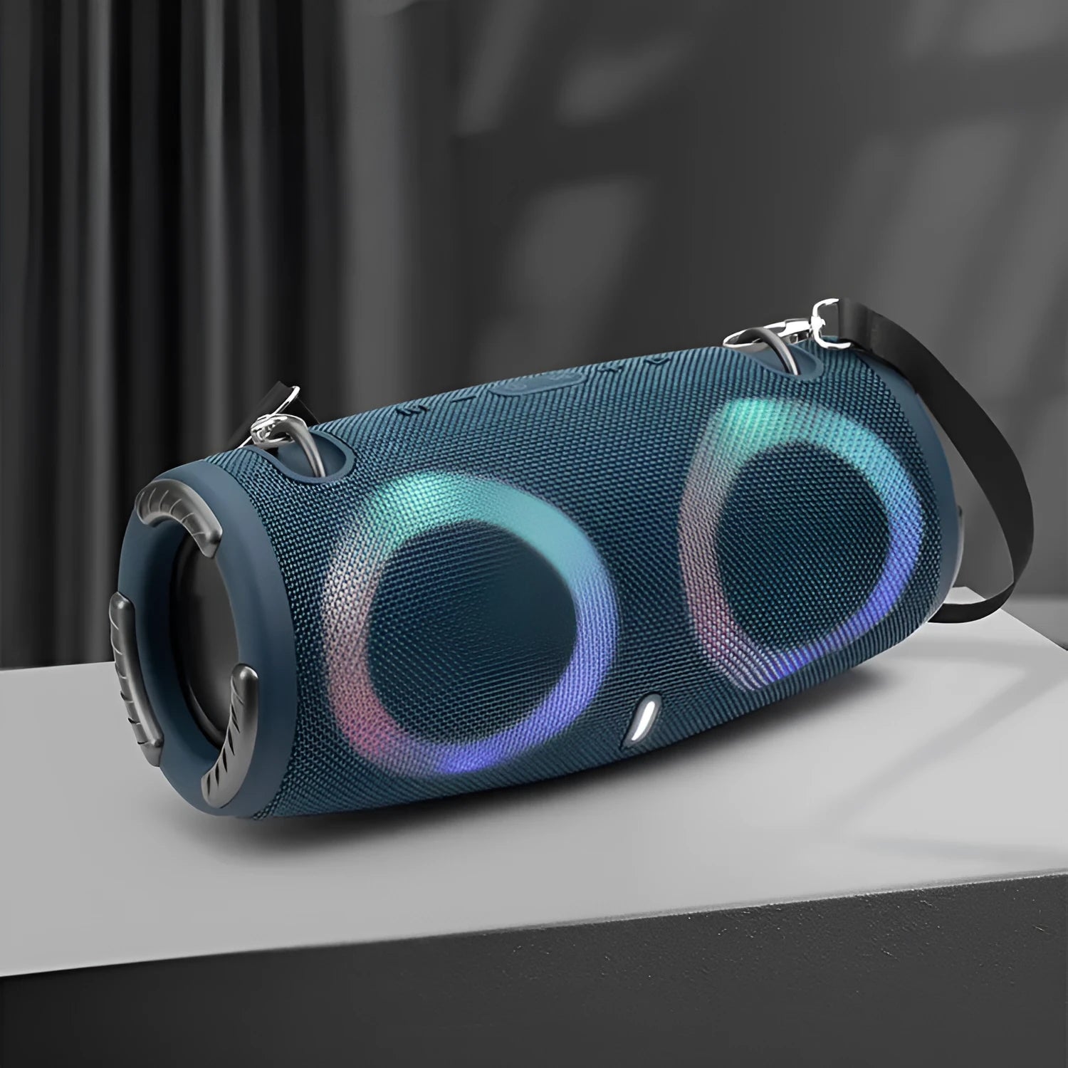 War Drum portable Bluetooth speaker in multiple colours with RGB lights and carrying strap.