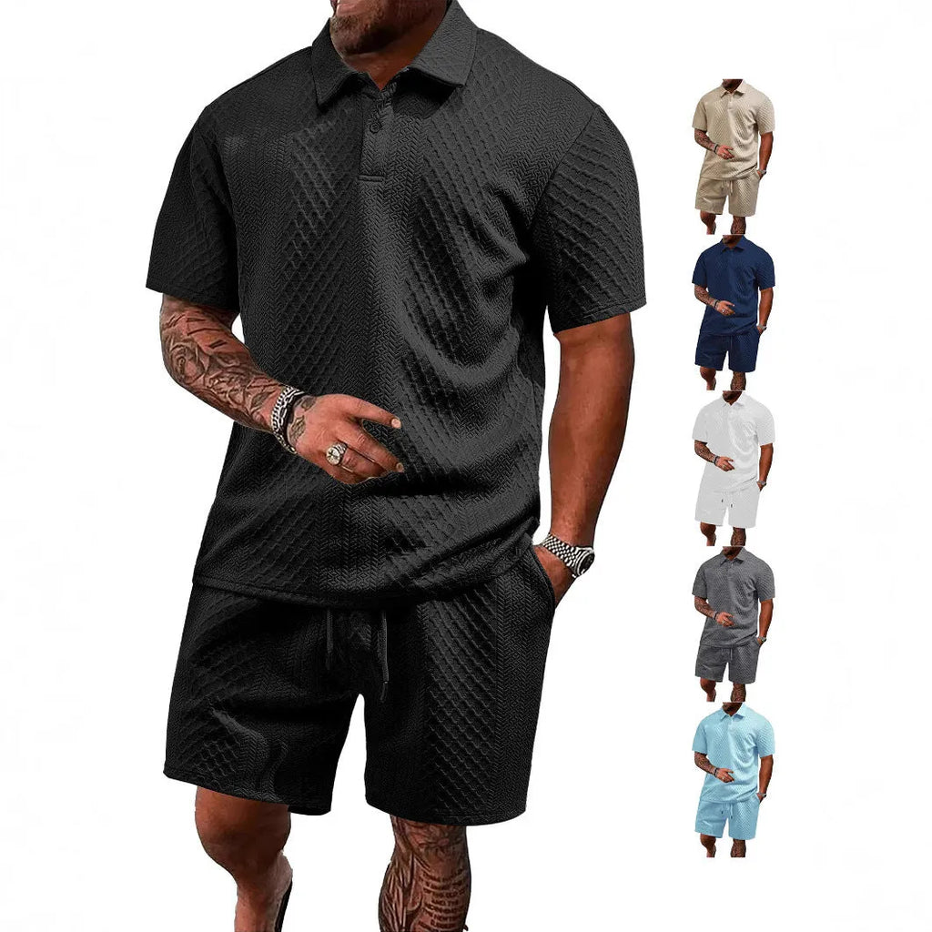 Men's patterned cloth casual suit set showing short sleeve polo shirt and trousers in multiple colour options
