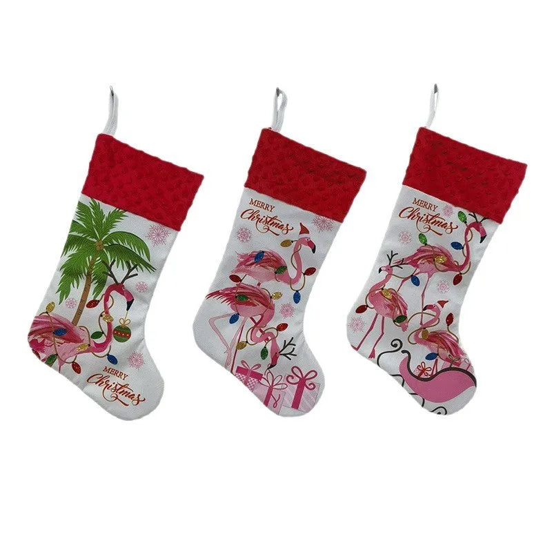 Flamingo Christmas stocking decoration measuring 46 by 28 centimetres in cloth material