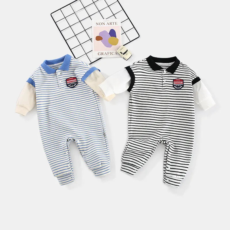 Striped cotton baby onesie in blue or black, pullover style, sizes 66cm to 90cm, autumn newborn clothing