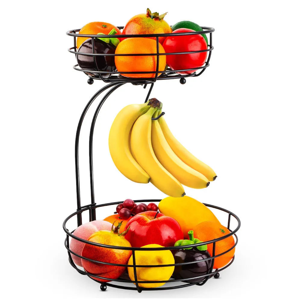 Black double-layer wrought iron fruit basket with two storage tiers for organising fruits and vegetables.
