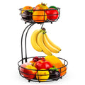 Black double-layer wrought iron fruit basket with two storage tiers for organising fruits and vegetables.