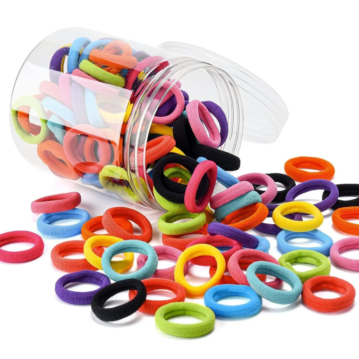 100 multicolour seamless cotton toddler hair ties in small jar packaging