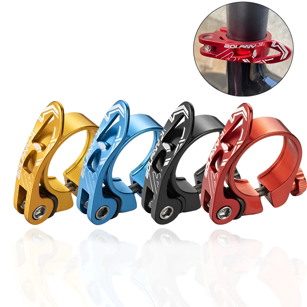 Aluminium alloy bicycle seat post clamp in black, showing 31.8mm and 34.9mm size options.
