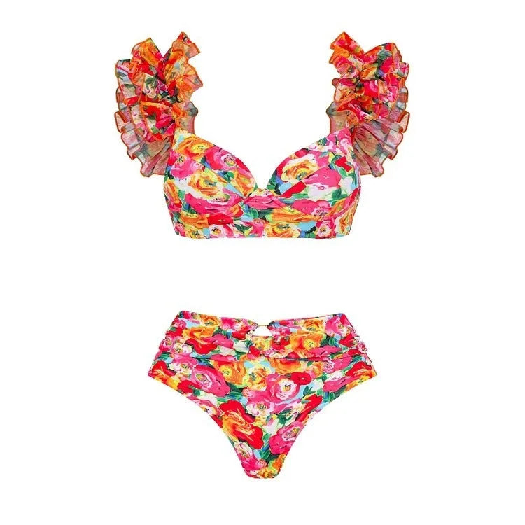 Women's floral print push-up bikini swimsuit with high-waisted briefs and matching skirt