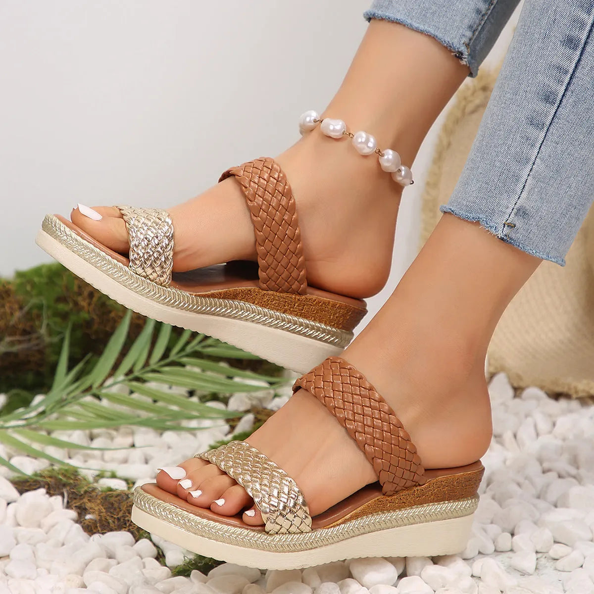 Gold or silver metallic wedge sandals for women with PU leather upper and rubber sole