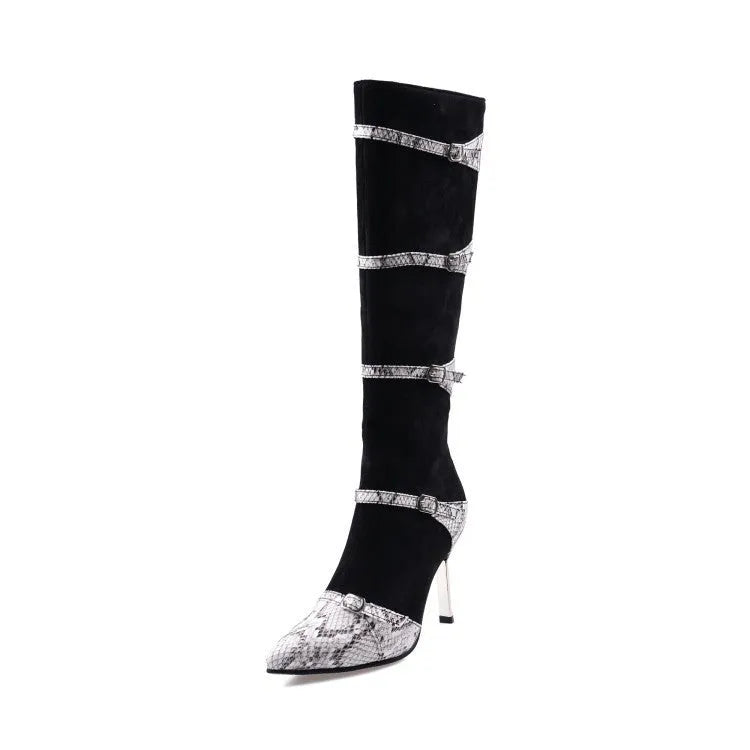 Women's knee high boots with thin 9cm heels in black and grey colours