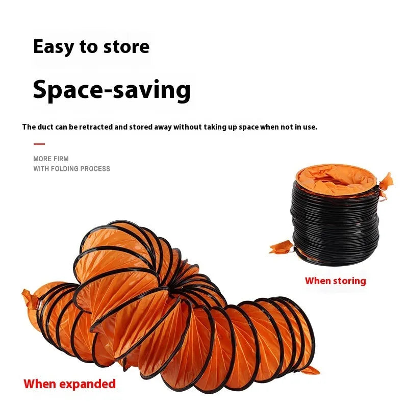 Silver portable industrial axial flow fan with attached flexible duct on a workshop floor.