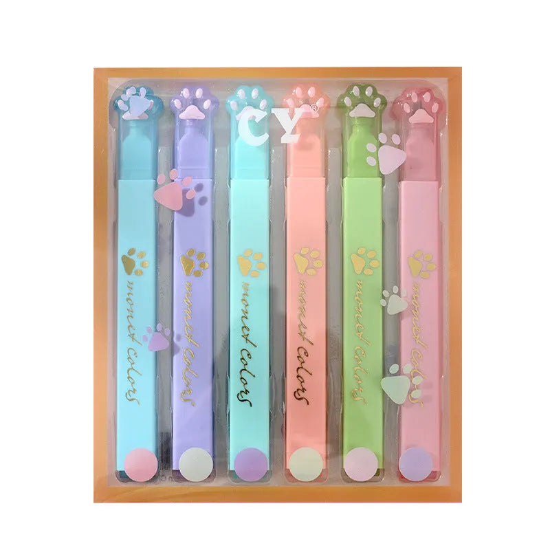 Cat's Paw set of six fluorescent marker pens with oblique nibs in a plastic storage case.