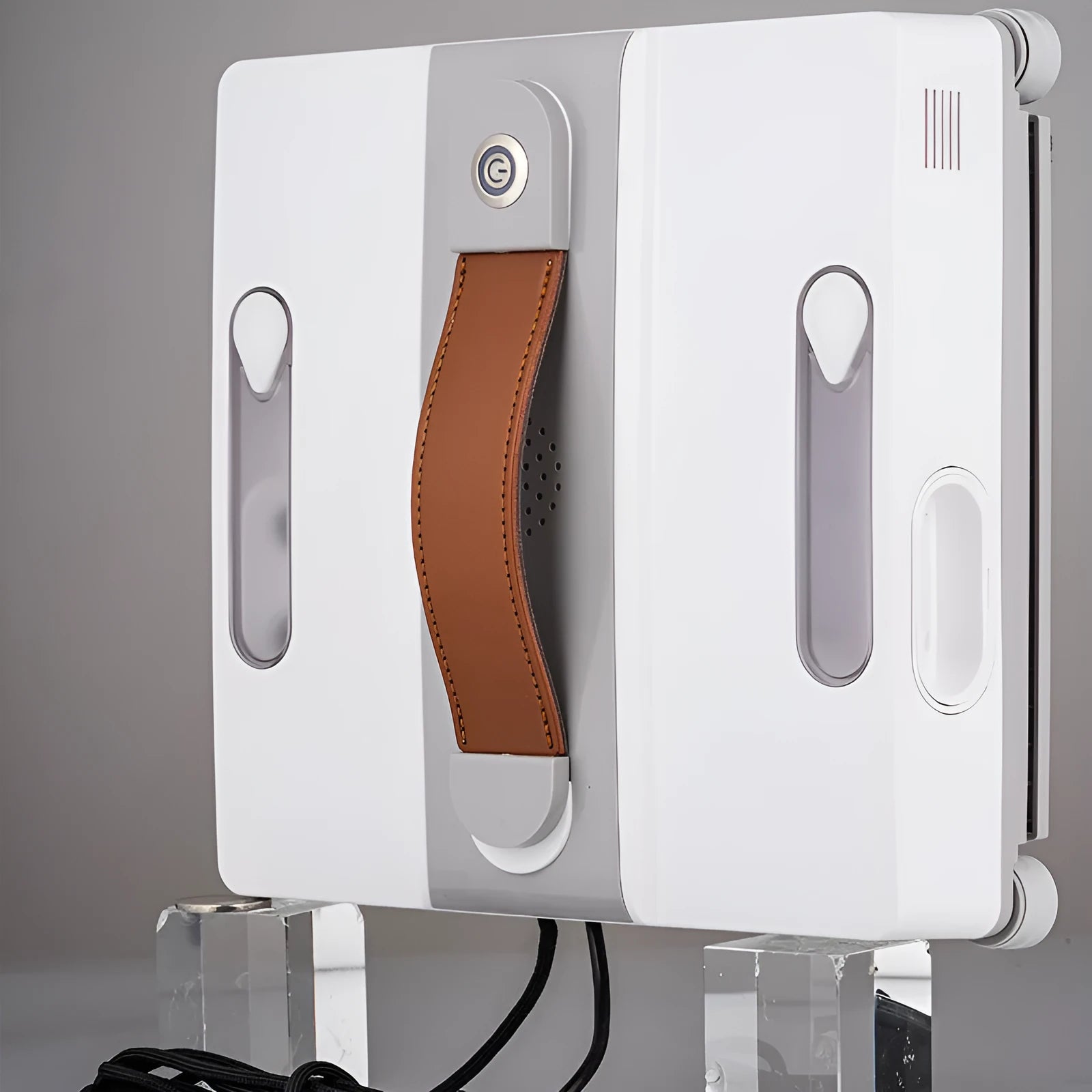 White intelligent window cleaning robot with dimensions 220mm x 220mm x 70mm for high-rise glass.