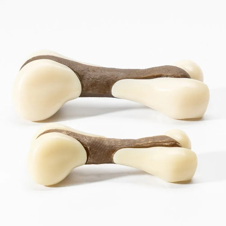 Cowhide and nylon bone-shaped dog chew toy grinding rod in foodie bones colour.