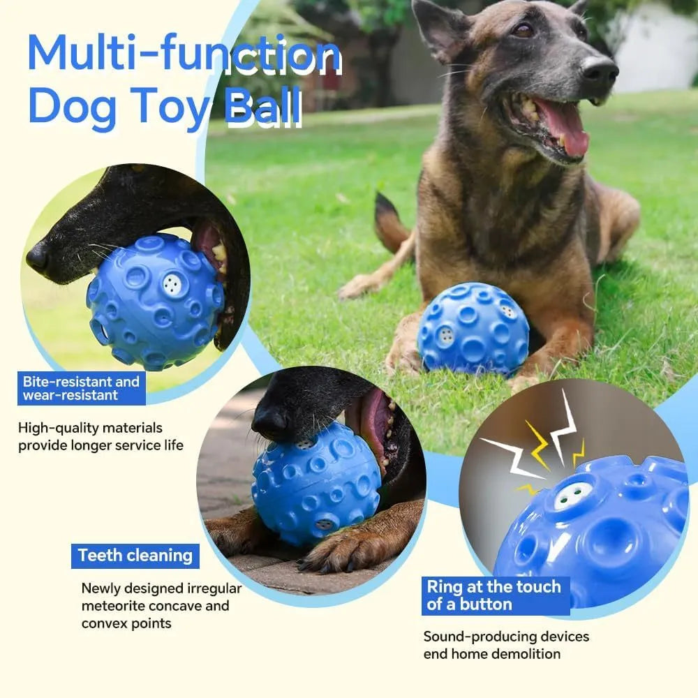 Colourful natural rubber dog chew ball with textured surface and meteorite-shaped bumps