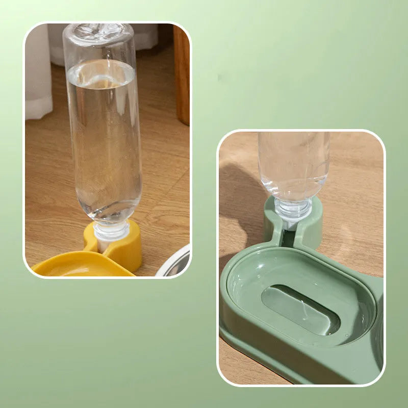 Brown cat food bowl with water dispenser bottle and elevated feeding station