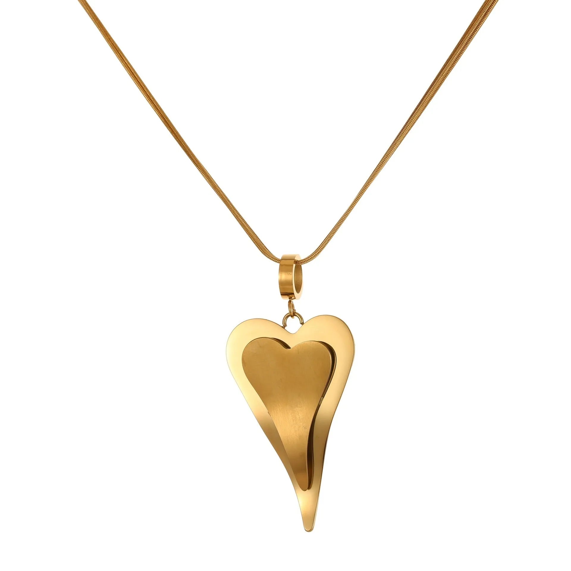 Geometric double-heart pendant on a stainless steel snake bones chain necklace for women, shown in gold and steel finishes.