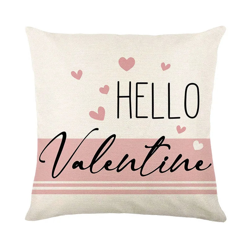 Square plaid pillow cover with red heart prints, shown in multiple colour variations.