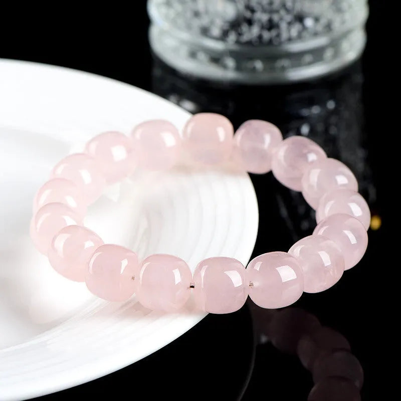 Natural bamboo crystal barrel bead bracelet with 11-12mm pink geometric stone beads and original design