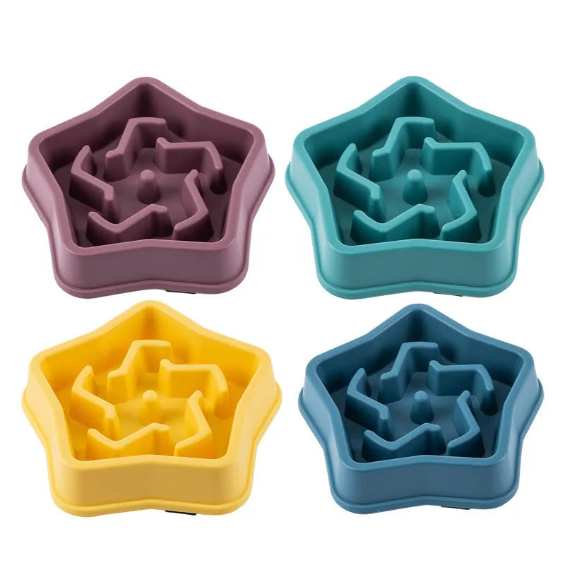 Yellow plastic dog slow feeding bowl with textured bottom for choking prevention