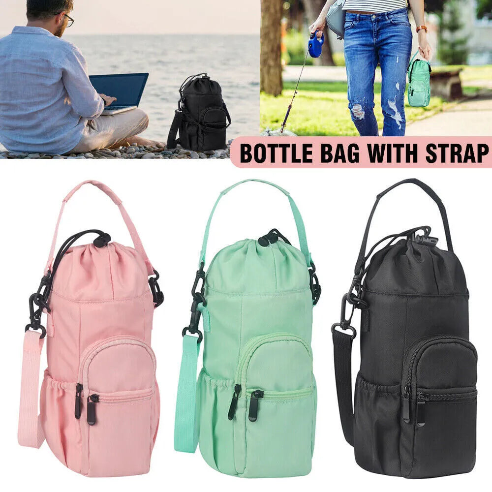 Cloth water bottle shoulder bag in black, green, or pink colours with a drawstring closure.