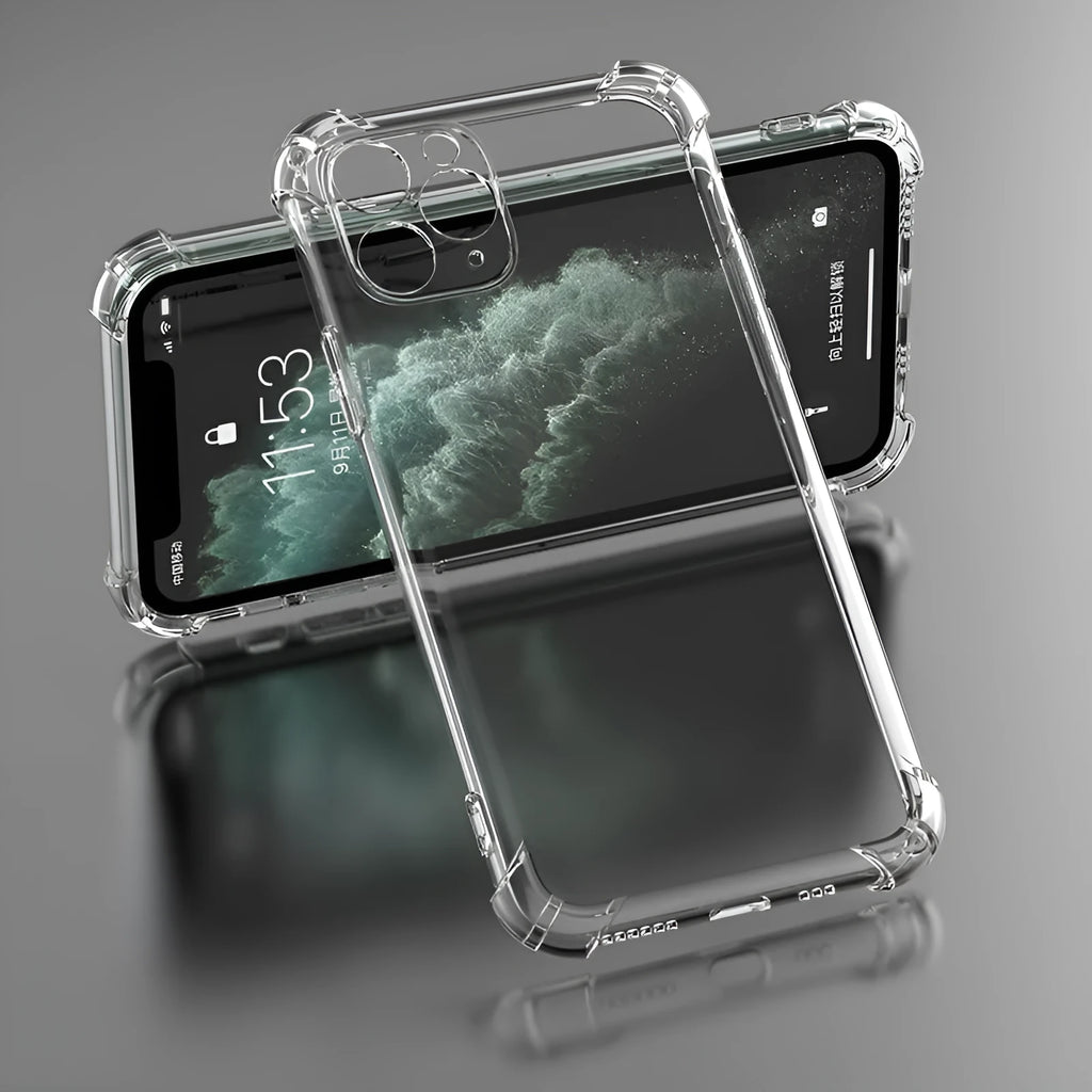 Clear shockproof TPU iPhone case showing transparent protection for multiple iPhone models