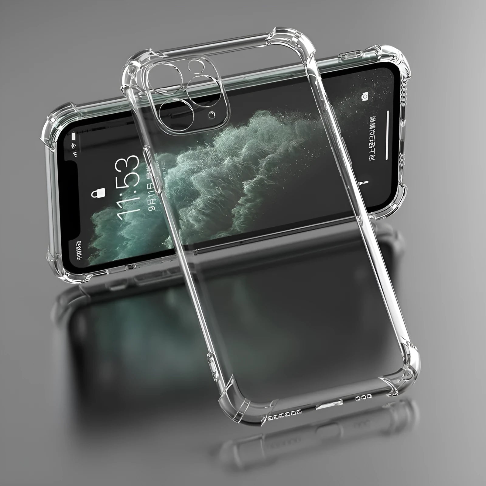 Clear shockproof TPU iPhone case showing transparent protection for multiple iPhone models