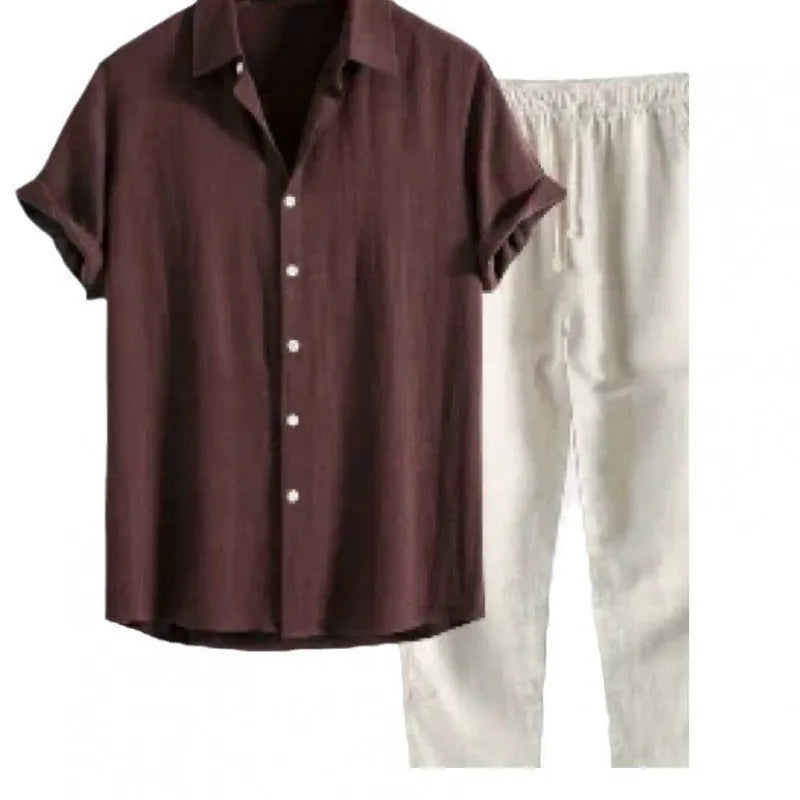 Men's casual linen-look short sleeve shirt and trousers suit set in coordinated two-piece design