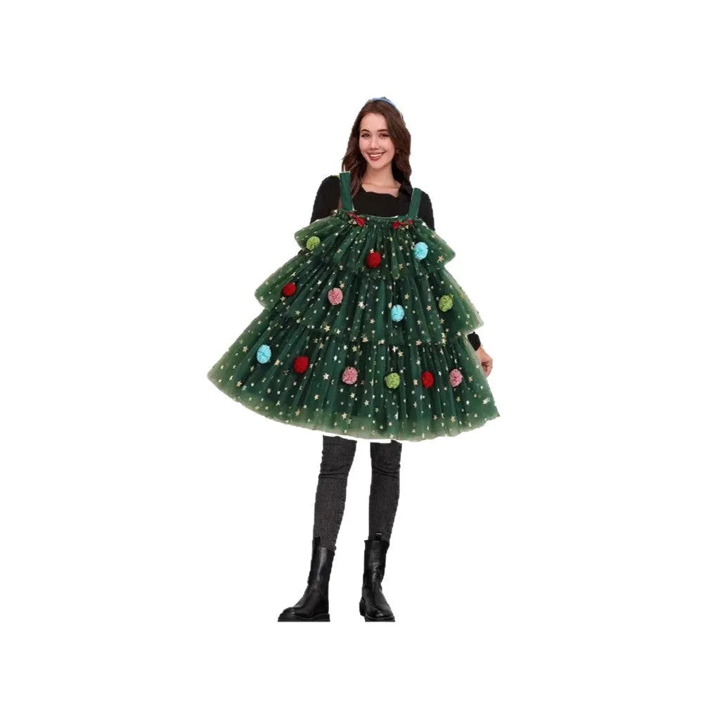 Green mesh polka dot sleeveless suspender dress with Christmas tree pattern and tiered skirt