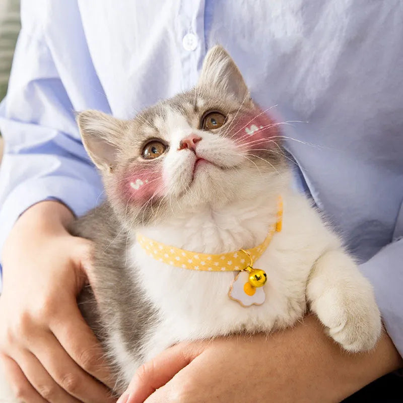 Green adjustable pet collar with a pink bow tie and silver bell for a small dog or cat