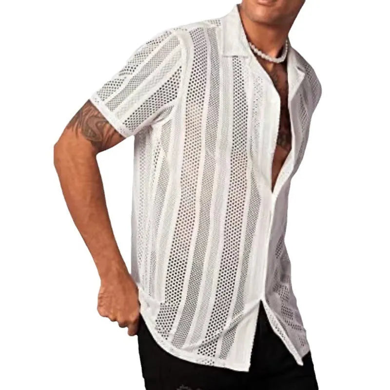 Man wearing a black jacquard knitted short-sleeve button shirt in a cardigan style