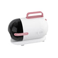 Pink and white household vacuum cleaner with pet hair conditioner shaver and attachments on a white background.
