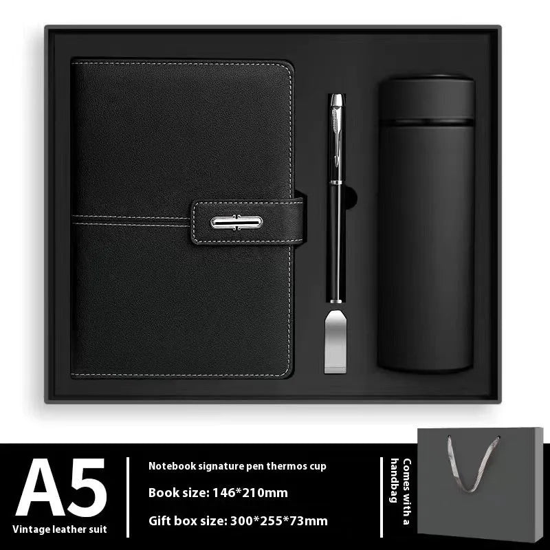 A5 notebook with PU leather cover shown in multiple colour options including black, red, green, blue, and orange.