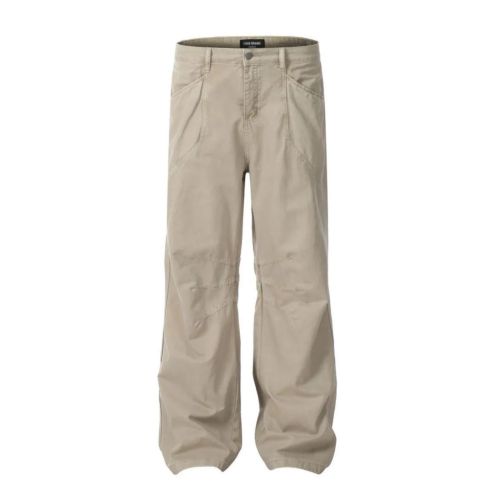 Men's brown loose fit straight leg cotton trousers with high waist design