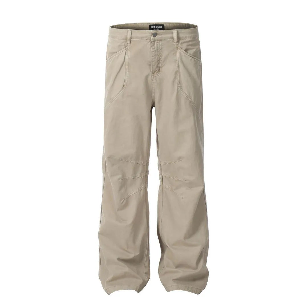 Men's brown loose fit straight leg cotton trousers with high waist design