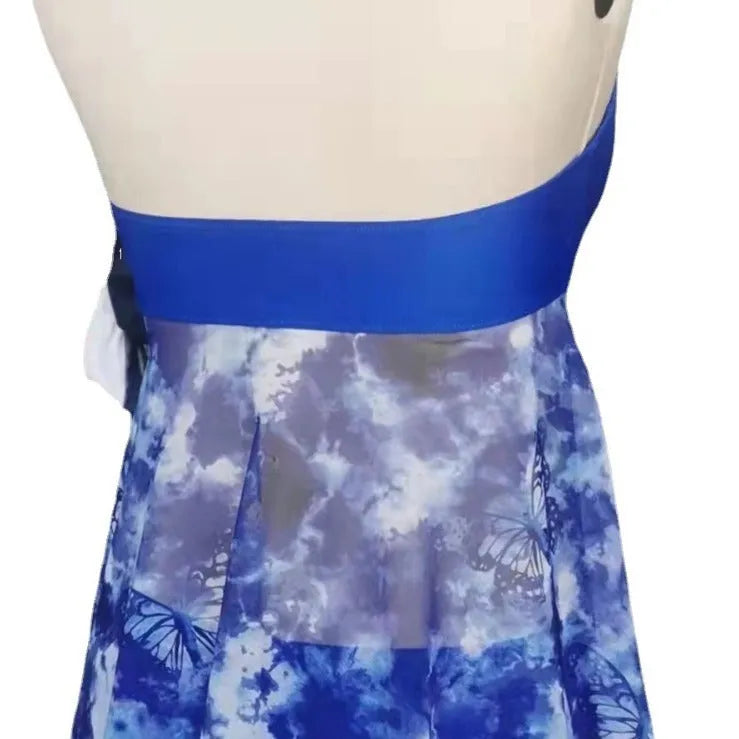 Blue two-piece bikini swimsuit for women with brief-style bottoms on a mannequin.