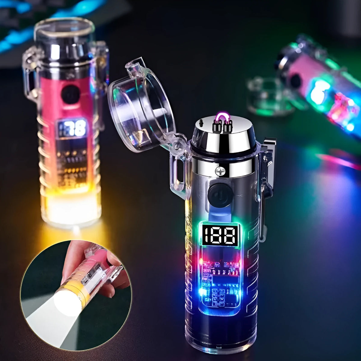 Transparent USB rechargeable electric lighter with dual arc, LED light, and nylon lanyard in black colour