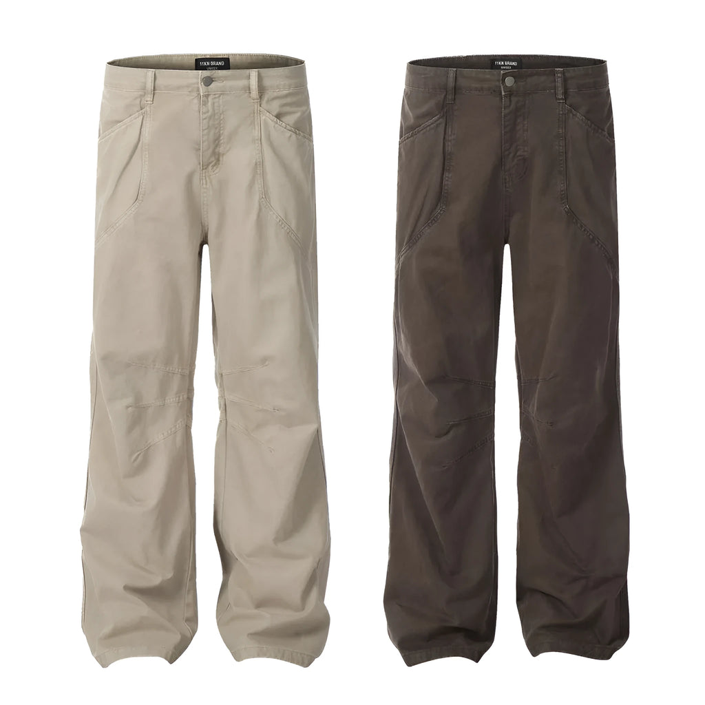 Men's brown loose fit straight leg cotton trousers with high waist design