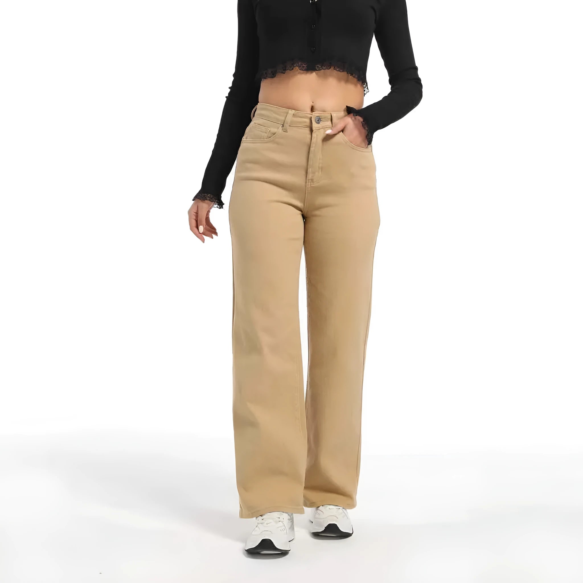 Women's apricot wide leg high waist jeans with straight cut on a hanger